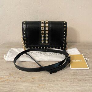 New Michael Kors Crossbody Bag Black Gold Rhinestone Crystal Studs Chain Flap MK